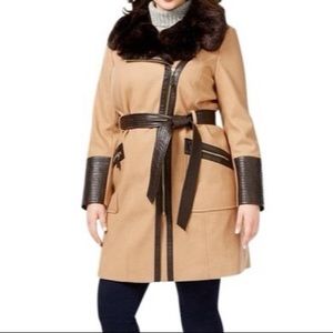 Via Spiga Camel Faux Fur Asymmetrial Belted Coat